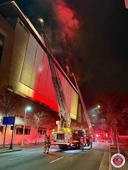 Raleigh Convention Center roof on fire (12/1/25) - photo from Raleigh Professional Fire Fighters