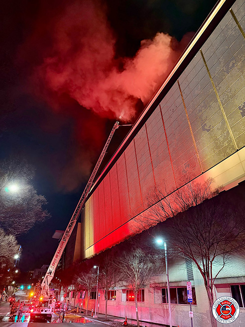 Raleigh Convention Center roof on fire (12/1/25) - photo from Raleigh Professional Fire Fighters