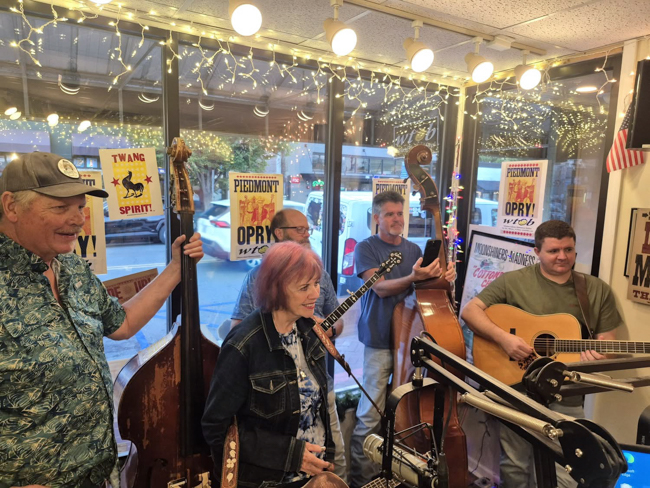Big T Lassiter, Pammy Lassiter, Tom Hyatt, Travis Brady, and William Britt at the September 2025 edition of Piedmont Opry Time on WTOB - photo © Sandy Hatley