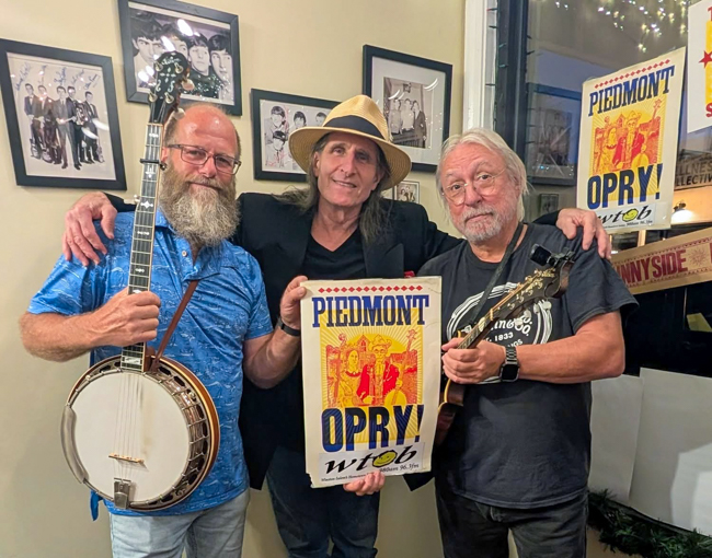 Tom Hyatt, George Hamilton V, and Jean-Luc Leroux at the September 2025 edition of Piedmont Opry Time on WTOB - photo © Sandy Hatley