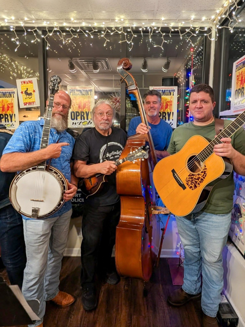 Tom Hyatt, Jean-Luv Leroux, Travis Brady, and William Britt at the September 2025 edition of Piedmont Opry Time on WTOB - photo © Sandy Hatley