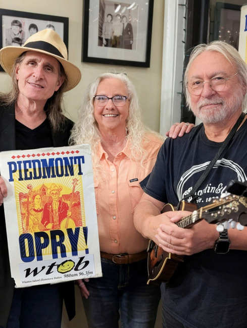 George Hamilton V, Vivian Pennington Hopkins, and Jean-Luc Leroux at the September 2025 edition of Piedmont Opry Time on WTOB - photo © Sandy Hatley