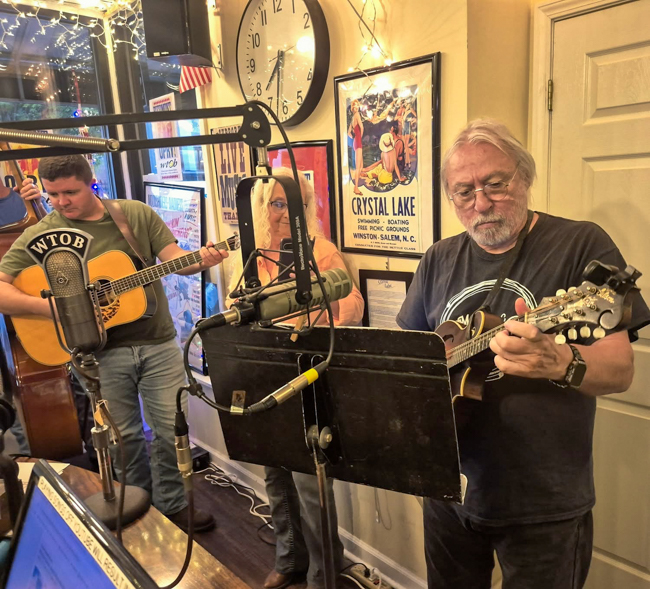 William Britt, Vivian Pennington Hopkins, and Jean-Luc Leroux at the September 2025 edition of Piedmont Opry Time on WTOB - photo © Sandy Hatley